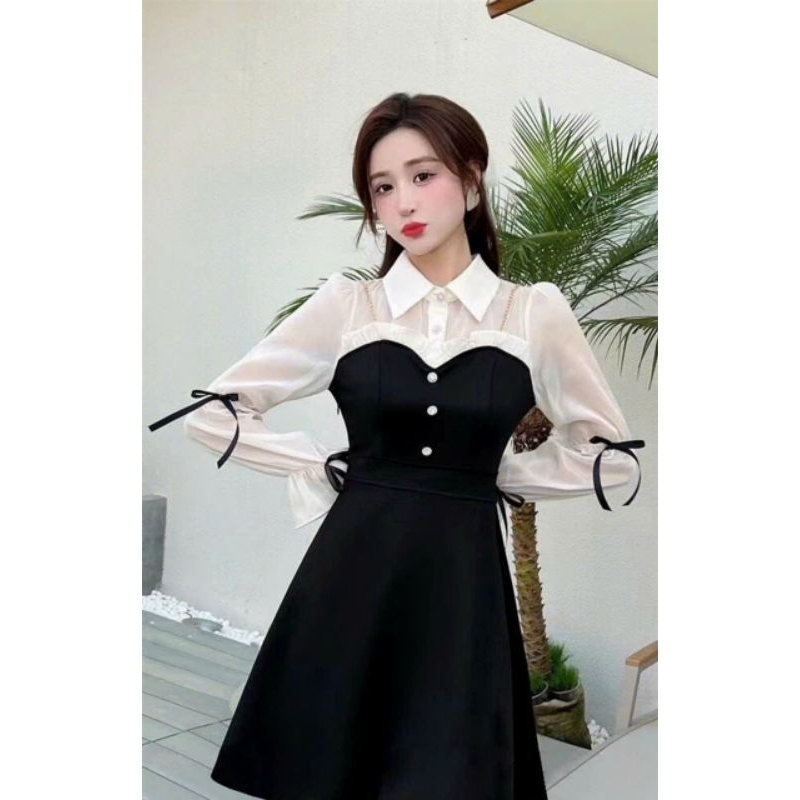 Đầm xoè cổ sơ mi phối tay nơ