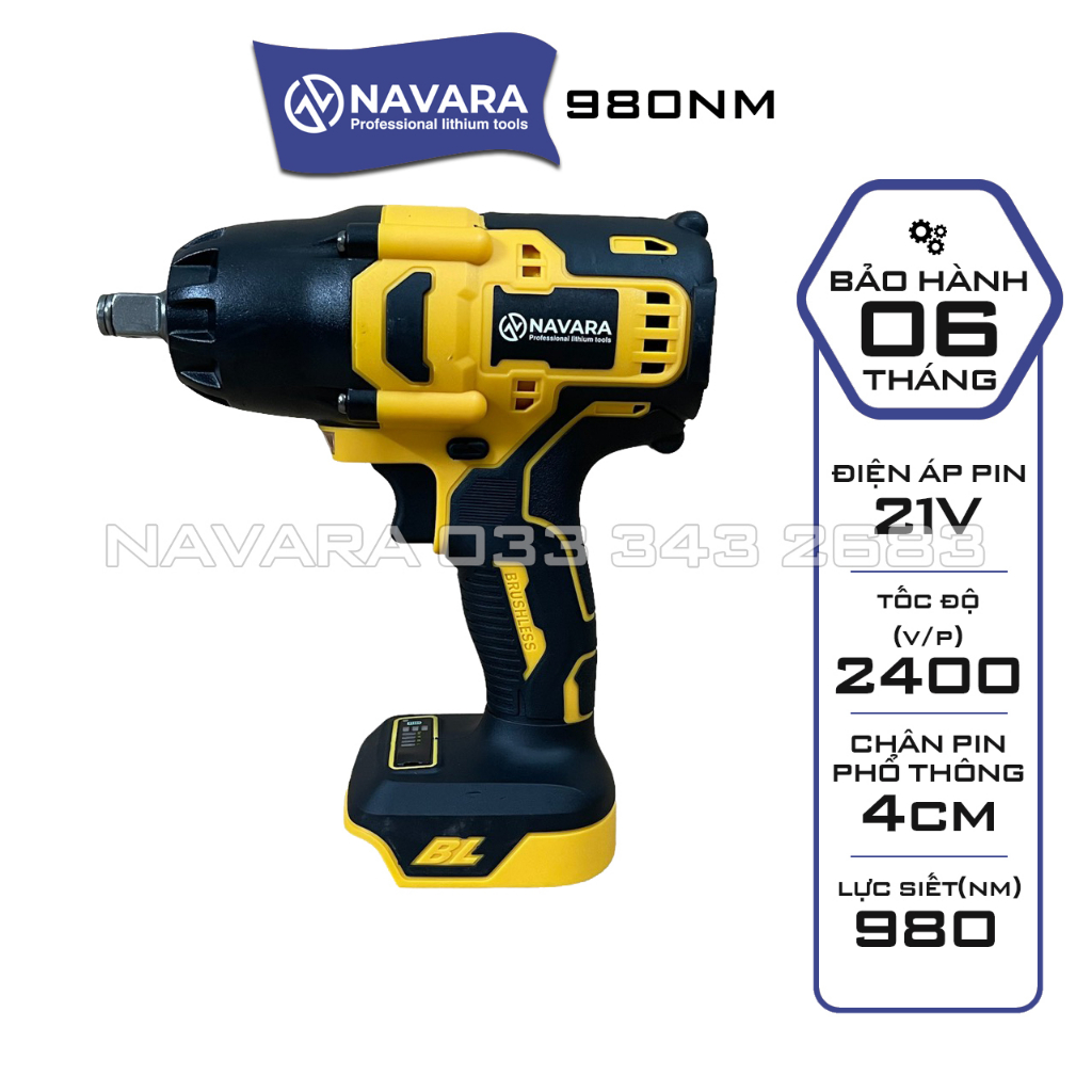 Thân máy siết bulong pin NAVARA VÀNG 980Nm, Động cơ Không chổi than bền bỉ và mạnh mẽ