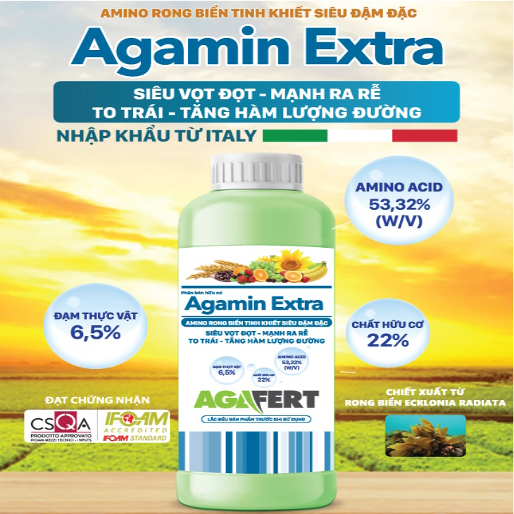 Phân bón Amino rong biển AGAMIN EXTRA tinh khiết siêu đậm đặc chai 1 lít, nhập khẩu từ ITALY, Seaweed Địa Trung Hải