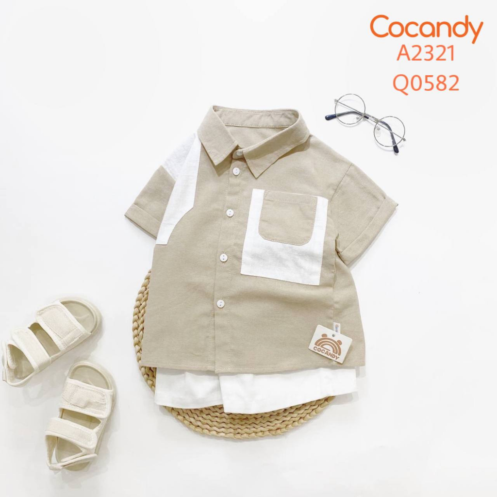 Set đồ cho bé -Áo cộc BE vai TRẮNG túi TRẮNG và Quần cộc kaki TRẮNG 2 túi vuông cho bé của COCANDY mã A2321,Q0582,QK1011