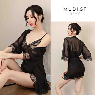 Váy ngủ lụa satin viền ren có áo choàng, set 2 món váy ngủ lụa VN02-1083