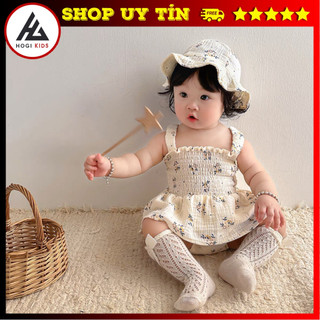 Bodysuit hai dây vải xô Musllin nhún ngực - Bộ áo liền quần + mũ dễ thương cho bé - Hogi Clothing