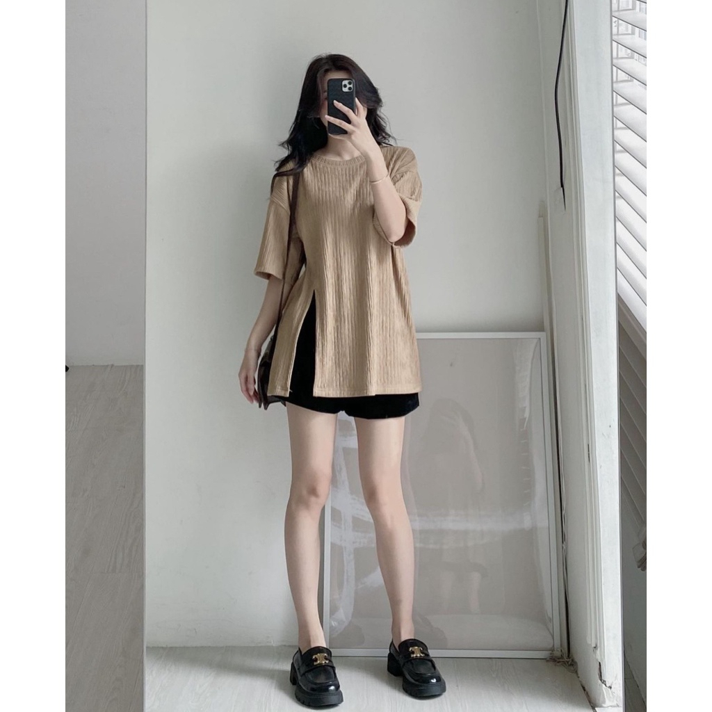 Áo thun xốp, Áo xốp cỏ tròn tay lỡ xẻ tà 1 bên mẫu mới 2023 maylala.store