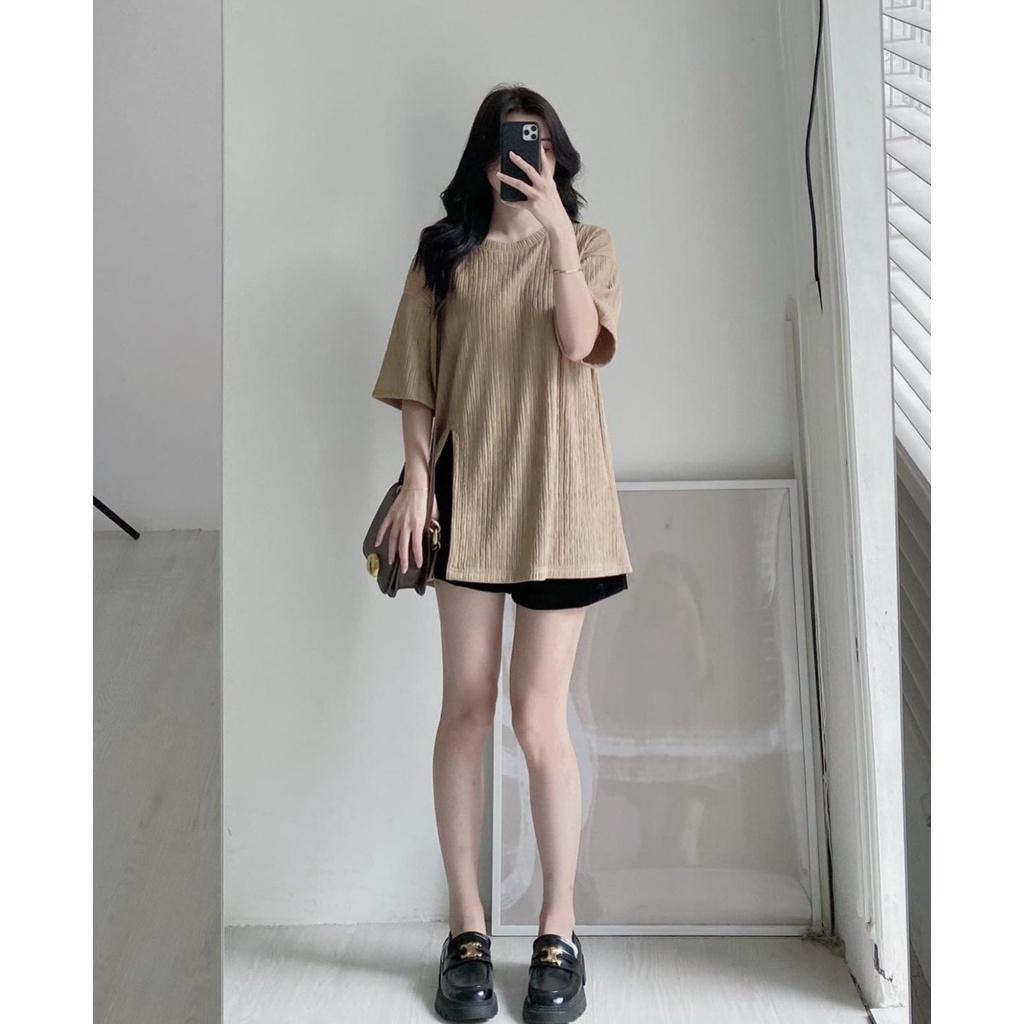 Áo thun xốp, Áo xốp cỏ tròn tay lỡ xẻ tà 1 bên mẫu mới 2023 maylala.store