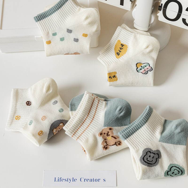 Tất nữ cổ ngắn họa tiết đáng yêu, set 5 đôi chất liệu cotton co giãn thoáng khí - Sope Shop
