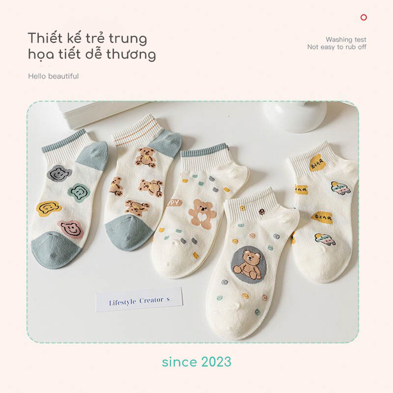 Tất nữ cổ ngắn họa tiết đáng yêu, set 5 đôi chất liệu cotton co giãn thoáng khí - Sope Shop