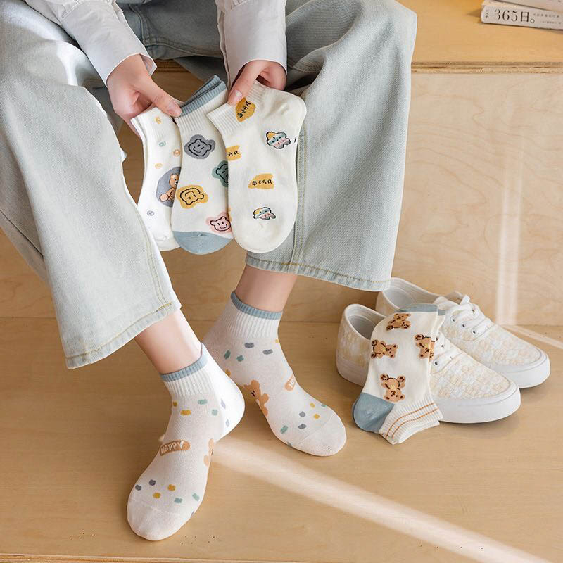 Tất nữ cổ ngắn họa tiết đáng yêu, set 5 đôi chất liệu cotton co giãn thoáng khí - Sope Shop