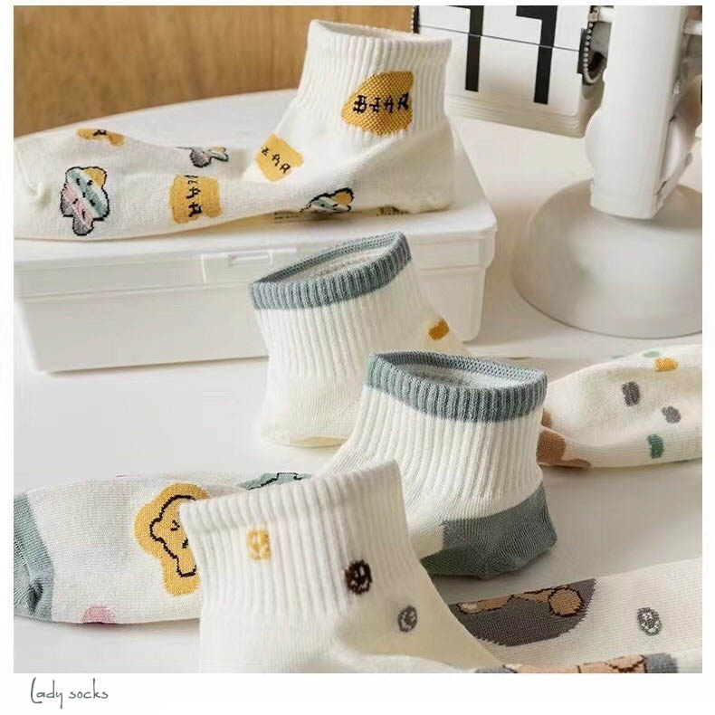 Tất nữ cổ ngắn họa tiết đáng yêu, set 5 đôi chất liệu cotton co giãn thoáng khí - Sope Shop