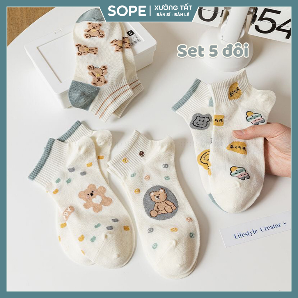 Tất nữ cổ ngắn họa tiết đáng yêu, set 5 đôi chất liệu cotton co giãn thoáng khí - Sope Shop