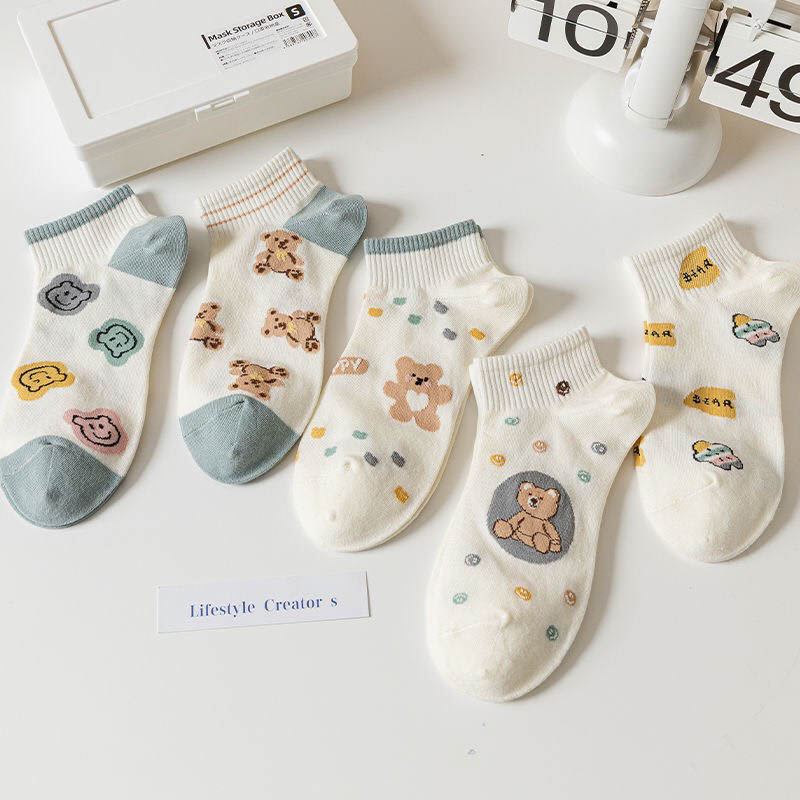 Tất nữ cổ ngắn họa tiết đáng yêu, set 5 đôi chất liệu cotton co giãn thoáng khí - Sope Shop
