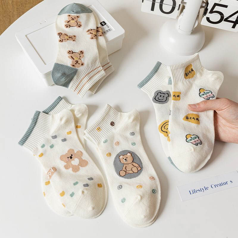Tất nữ cổ ngắn họa tiết đáng yêu, set 5 đôi chất liệu cotton co giãn thoáng khí - Sope Shop