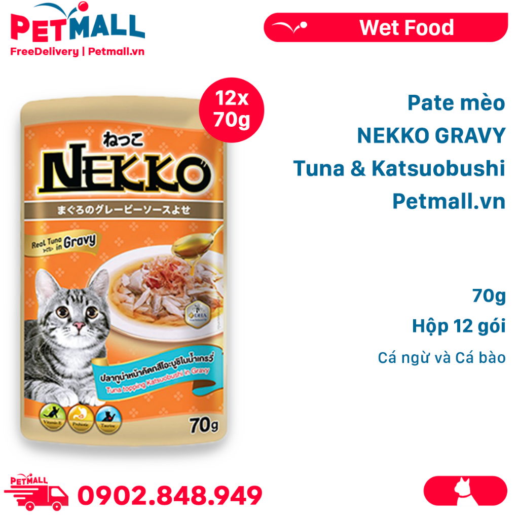 Pate mèo NEKKO GRAVY Tuna & Katsuobushi 70g - Hộp 12 gói - Cá ngừ và Cá bào Petmall