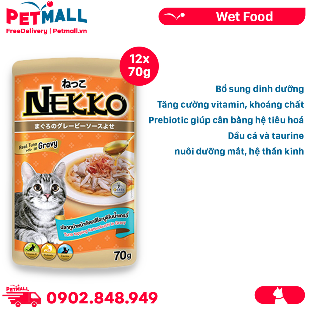 Pate mèo NEKKO GRAVY Tuna & Katsuobushi 70g - Hộp 12 gói - Cá ngừ và Cá bào Petmall