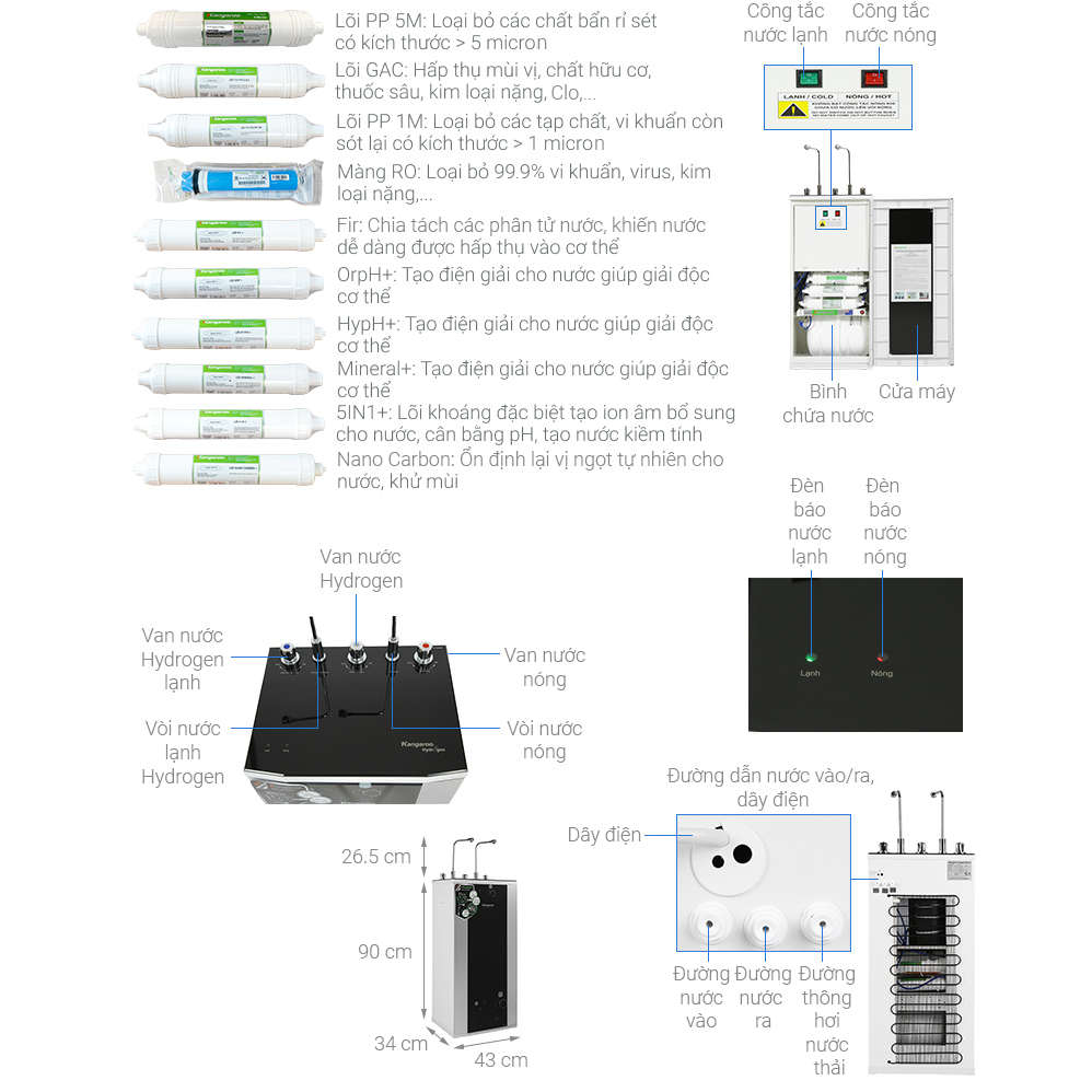 Máy lọc nước R.O nóng nguội lạnh Hydrogen Kangaroo KG10A4VTU 10 lõi  - Bảo hành  12 THÁNG