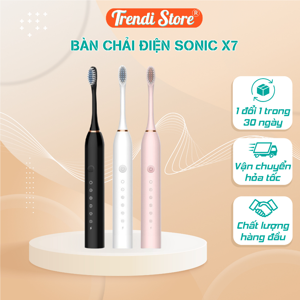 Bàn Chải Điện Sonic X7 - 6 Chế Độ Rung - 4 Đầu Bàn Chải Lông Mềm Đi Kèm Dễ Dàng Thay Thế - BH 3 Tháng