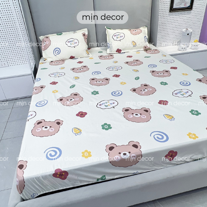 Set 3 món ga gối cotton 3D Mịn Decor, ga trải giường kèm 2 áo gối mát mịn bo chun miễn phí