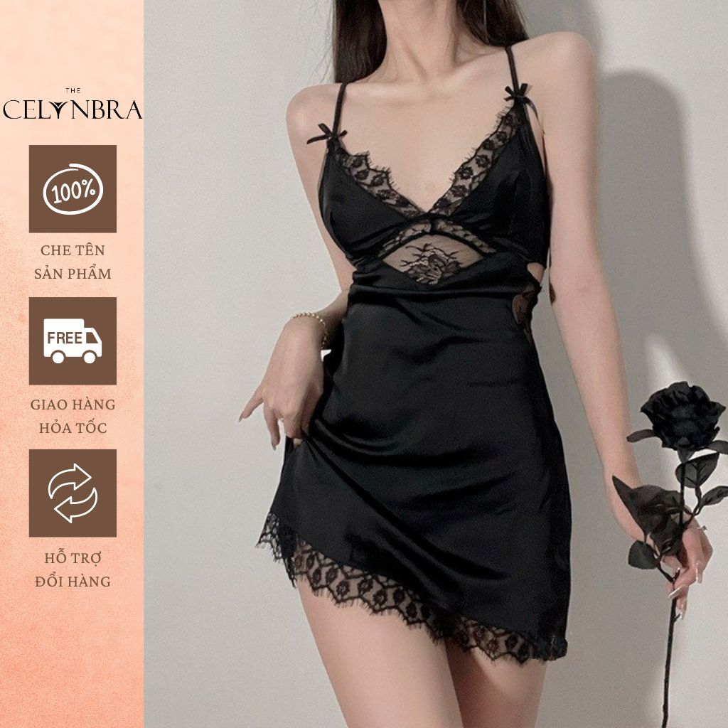 Váy ngủ lụa satin phối ren đính nơ sexy gợi cảm THE CELYNBRA - V107