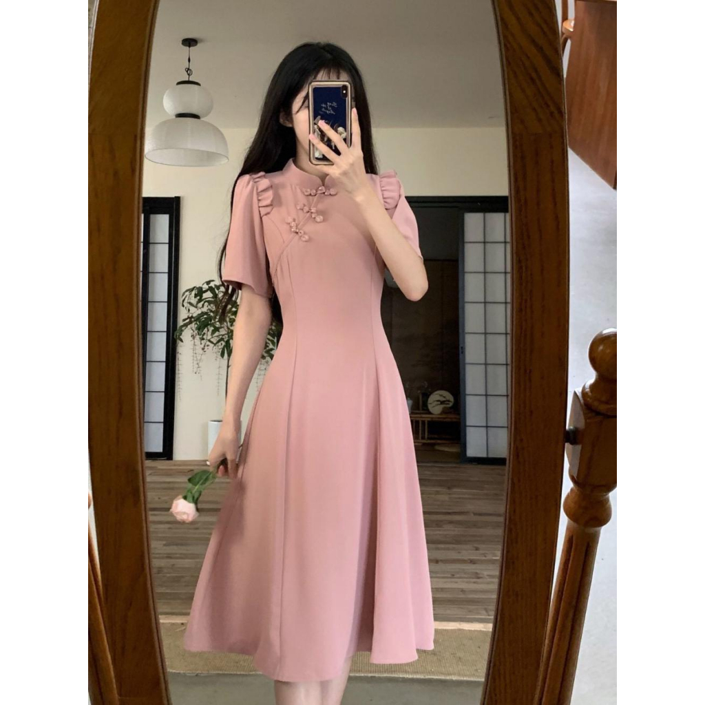 Váy đầm sườn xám cách tân màu đen hồng dài qua gối phong cách Ulzzang MS1019