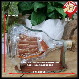 Mô Hình Thuyền Gỗ Trong Chai Thủy Tinh Hennessy Lớn - Dài 23cm x Cao 12cm - Buồm nâu - quan âm - 12cm - đá trắng