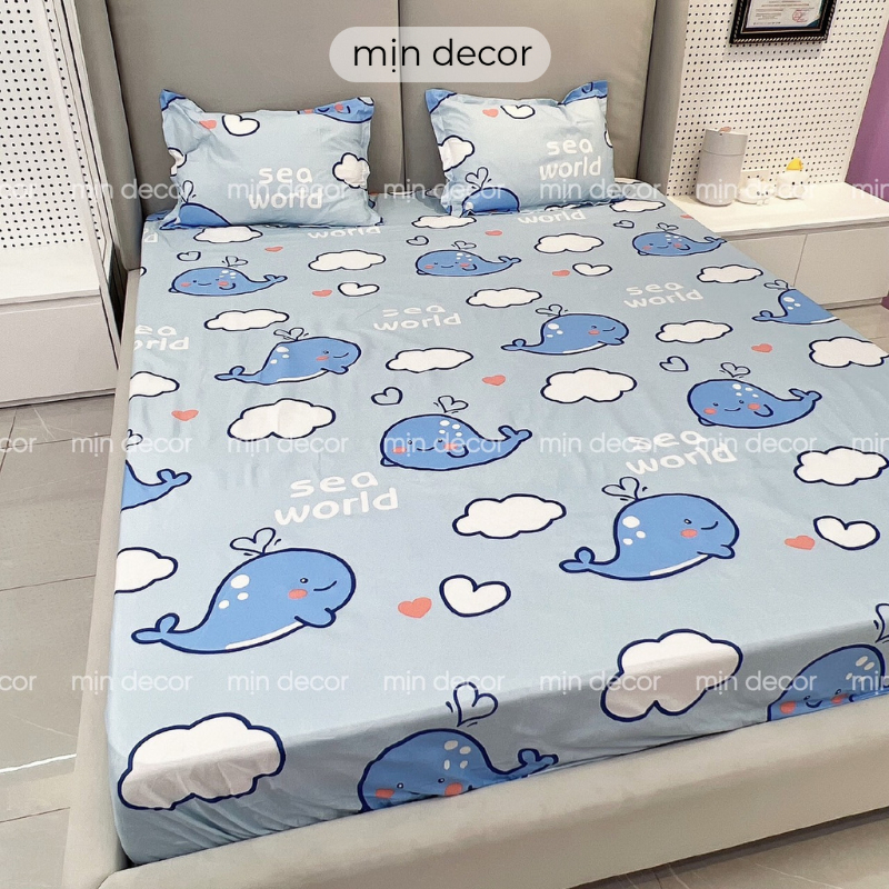 Drap giường 2 vỏ gối nằm cotton 3D Mịn Decor mềm mại bo chun miễn phí