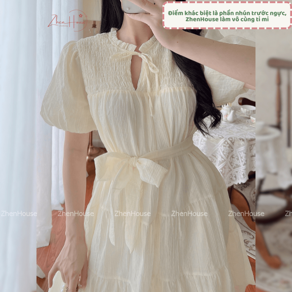 Váy Babydoll Thắt Dây Màu Be Nhún Ngực Chất Tơ Nhăn