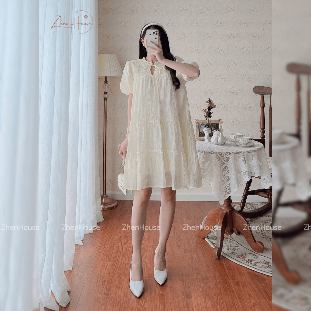 Váy Babydoll Thắt Dây Màu Be Nhún Ngực Chất Tơ Nhăn