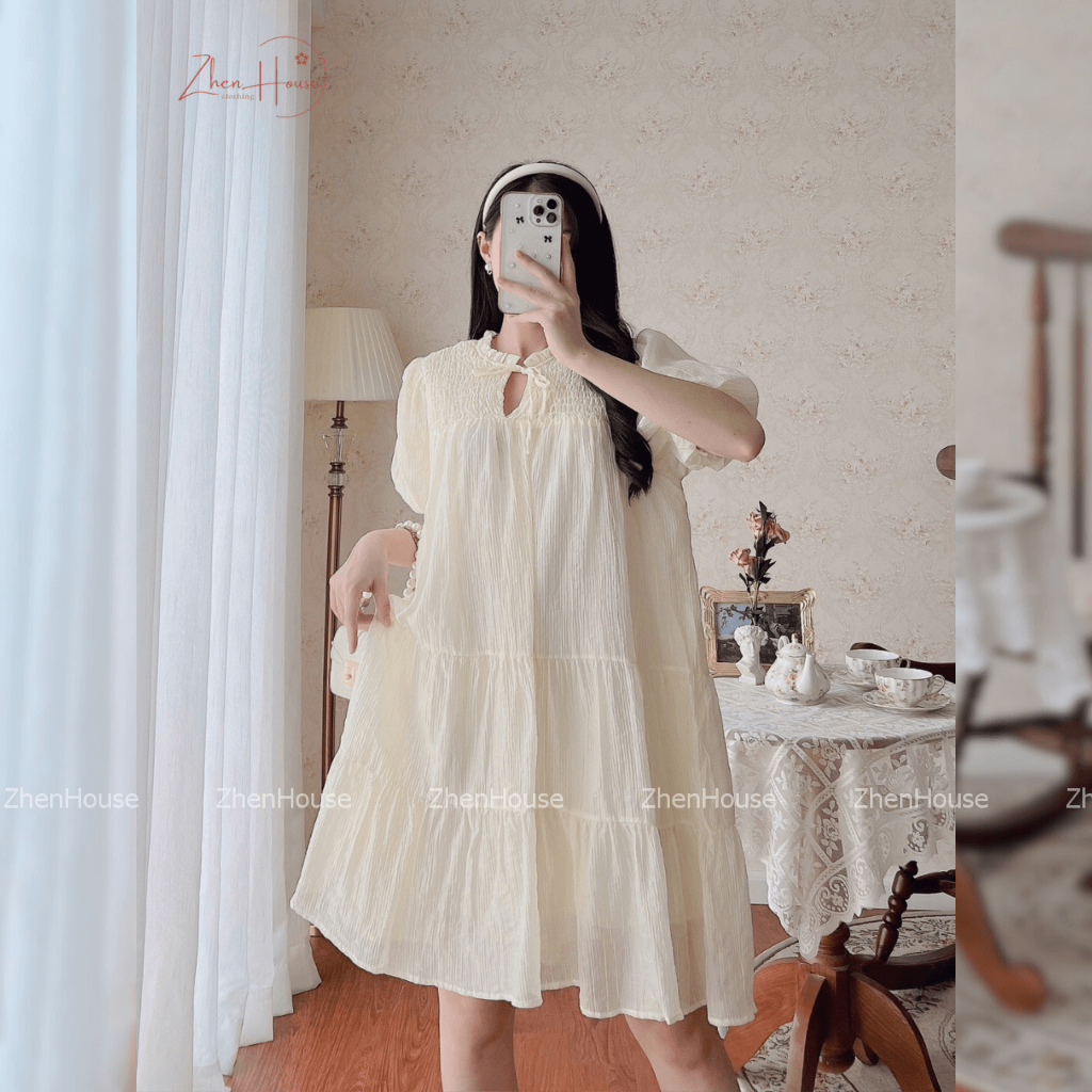 Váy Babydoll Thắt Dây Màu Be Nhún Ngực Chất Tơ Nhăn