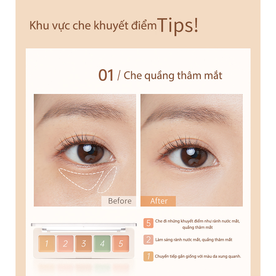 Hộp che khuyết điểm Focallure Hộp che khuyết điểm 5 màu Che khuyết điểm đen mụn 4.3g