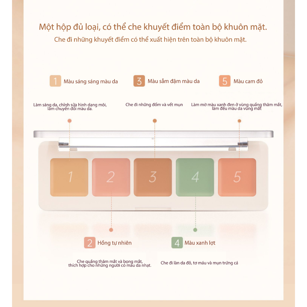 Hộp che khuyết điểm Focallure Hộp che khuyết điểm 5 màu Che khuyết điểm đen mụn 4.3g