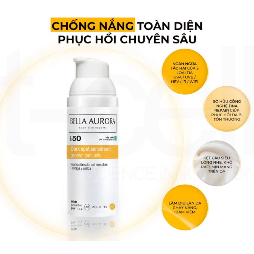 [hàng cty] Bella Aurora Dark Spot Sunscreen SPF50 Kem Chống Nắng Phổ Rộng Ngừa Nám Cho Da Dầu, Hỗn Hợp (50ml)