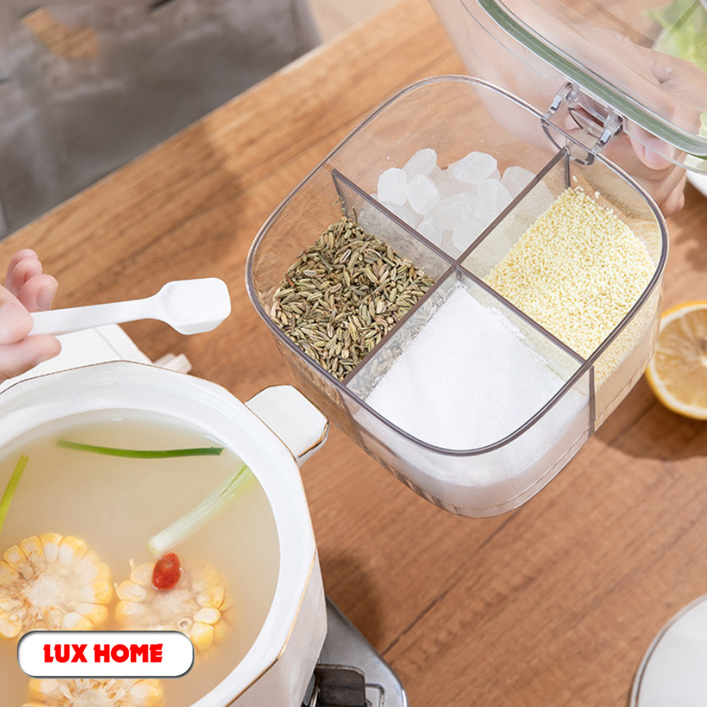 Hộp đựng gia vị 4 ngăn trong suốt kín khí, chống ẩm ướt, Hũ đựng gia vị chia ngăn có nắp đậy kèm thìa tiện lợi LUXHOME