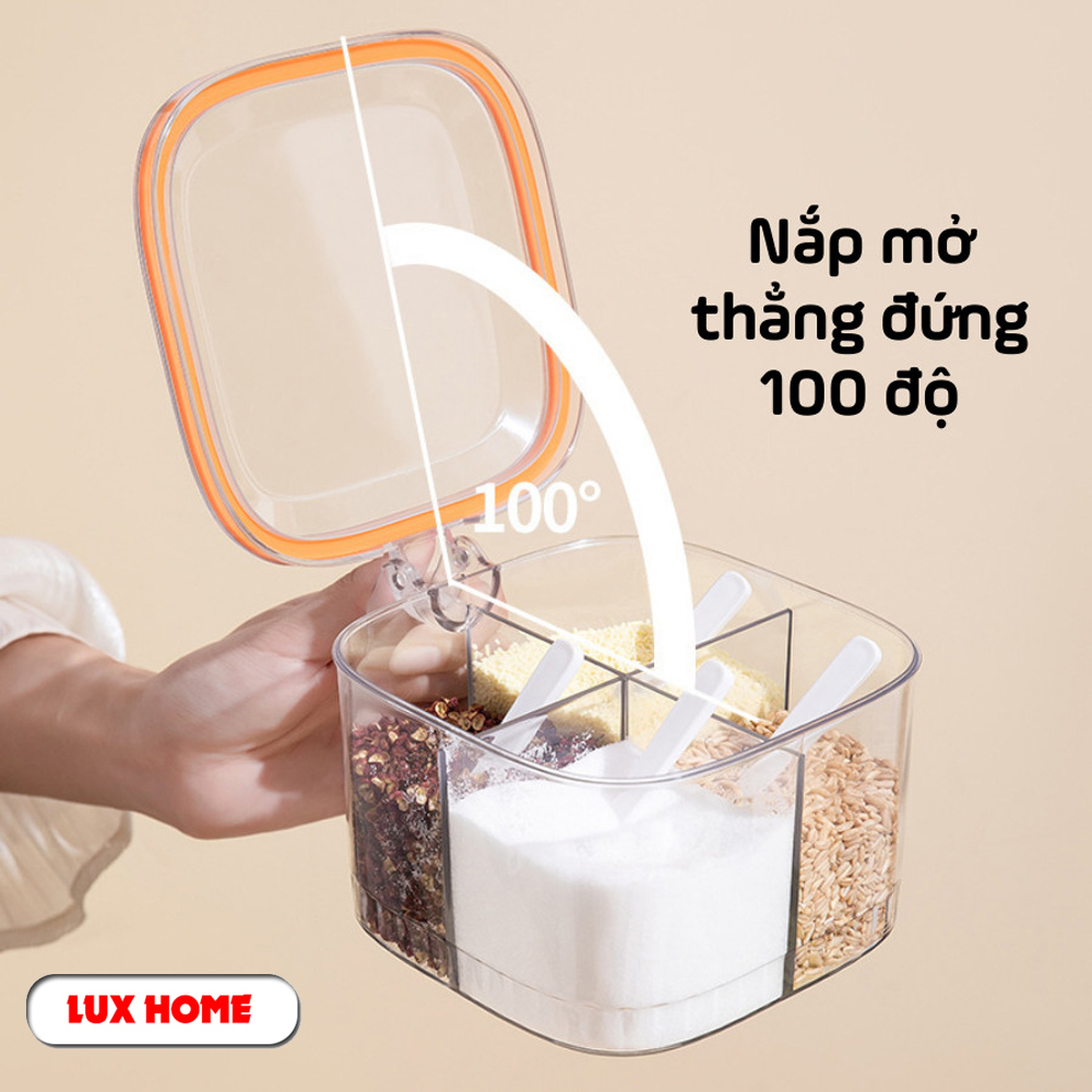 Hộp đựng gia vị 4 ngăn trong suốt kín khí, chống ẩm ướt, Hũ đựng gia vị chia ngăn có nắp đậy kèm thìa tiện lợi LUXHOME