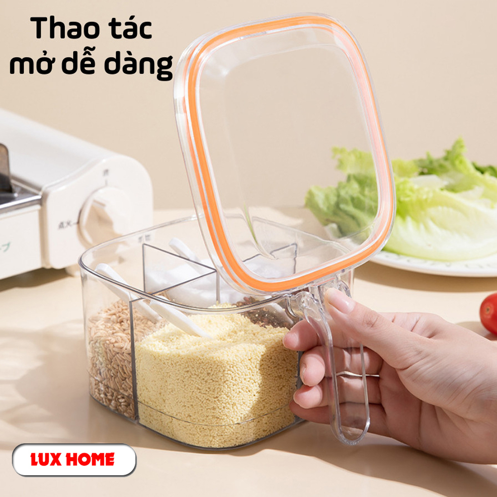 Hộp đựng gia vị 4 ngăn trong suốt kín khí, chống ẩm ướt, Hũ đựng gia vị chia ngăn có nắp đậy kèm thìa tiện lợi LUXHOME