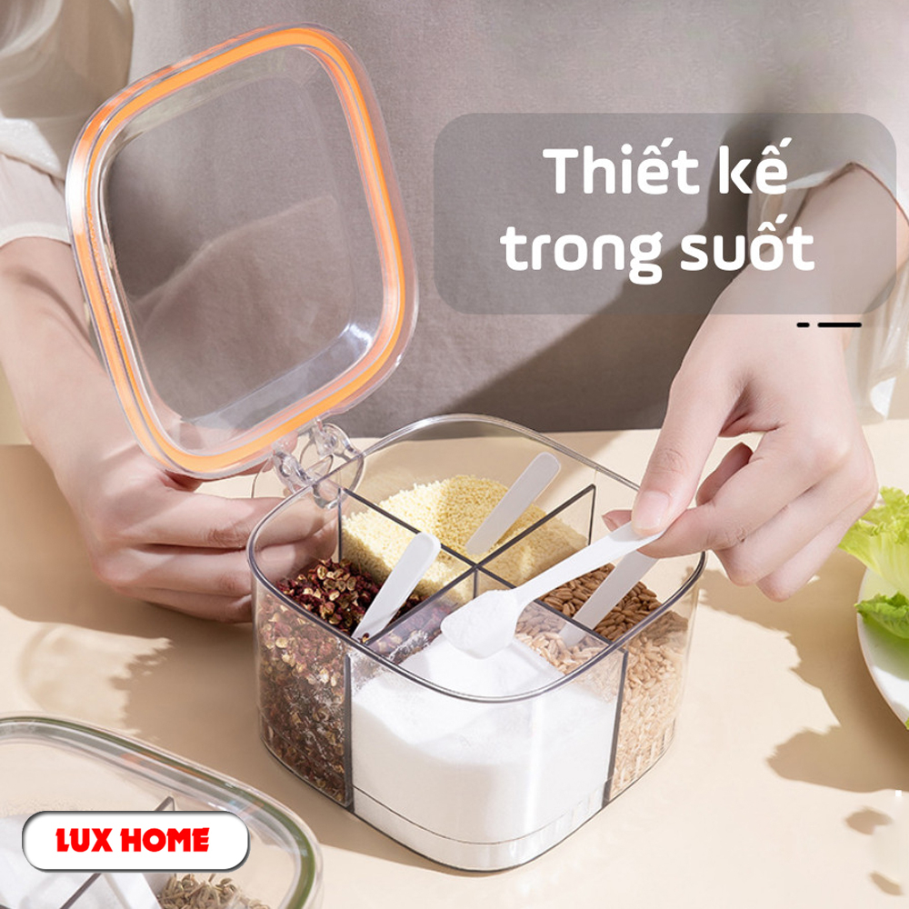 Hộp đựng gia vị 4 ngăn trong suốt kín khí, chống ẩm ướt, Hũ đựng gia vị chia ngăn có nắp đậy kèm thìa tiện lợi LUXHOME