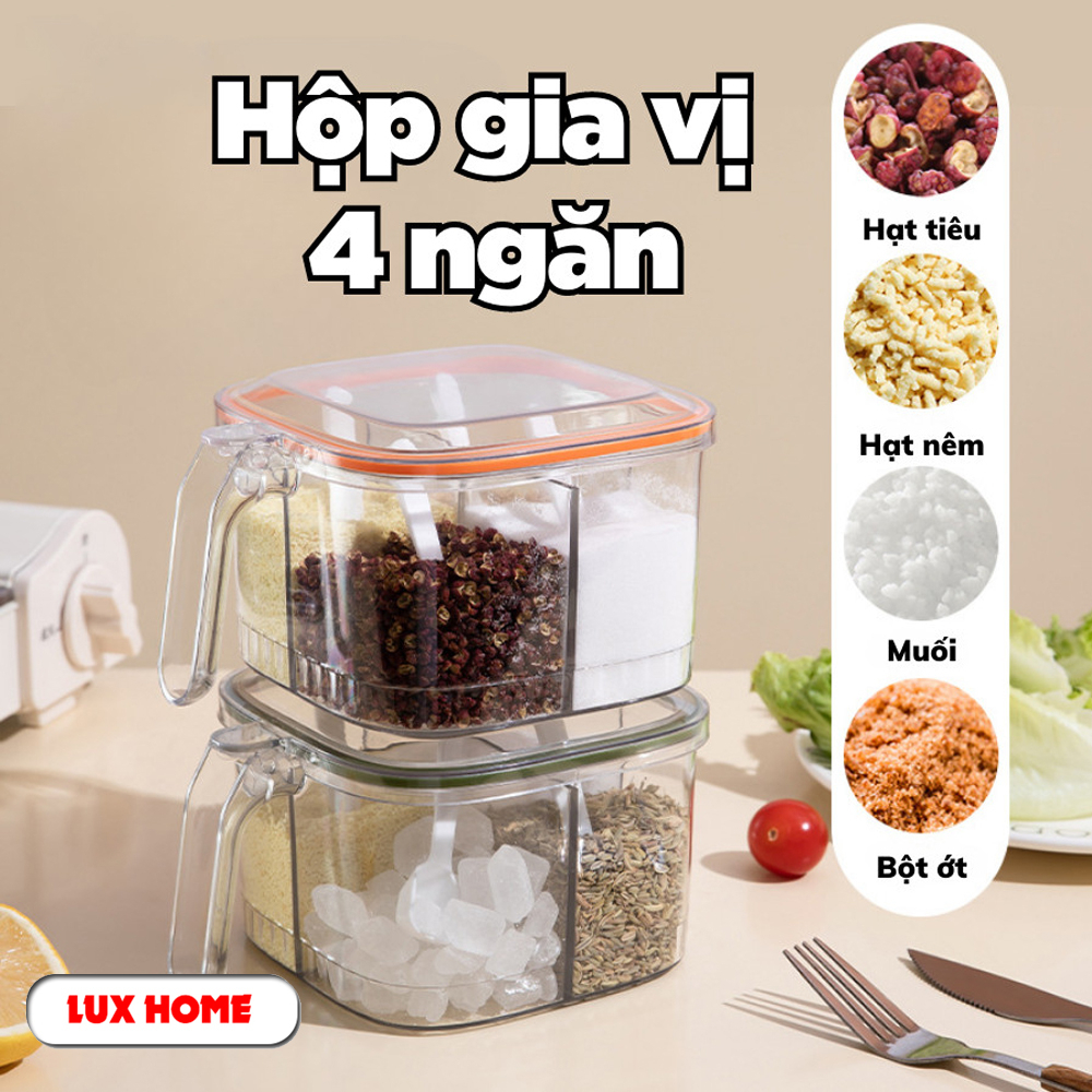 Hộp đựng gia vị 4 ngăn trong suốt kín khí, chống ẩm ướt, Hũ đựng gia vị chia ngăn có nắp đậy kèm thìa tiện lợi LUXHOME