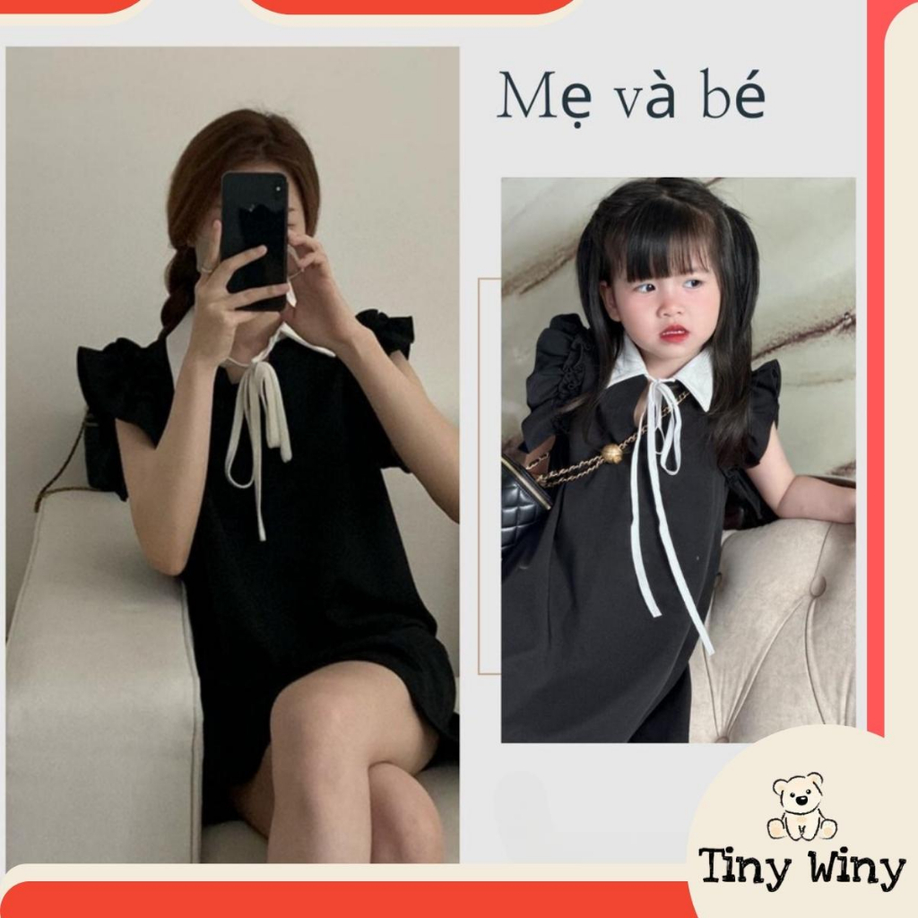 V82 - Váy đôi dáng suông Tay bèo cổ Sơ mi nơ dây buộc cho Mẹ và Bé Gái - TinyWiny