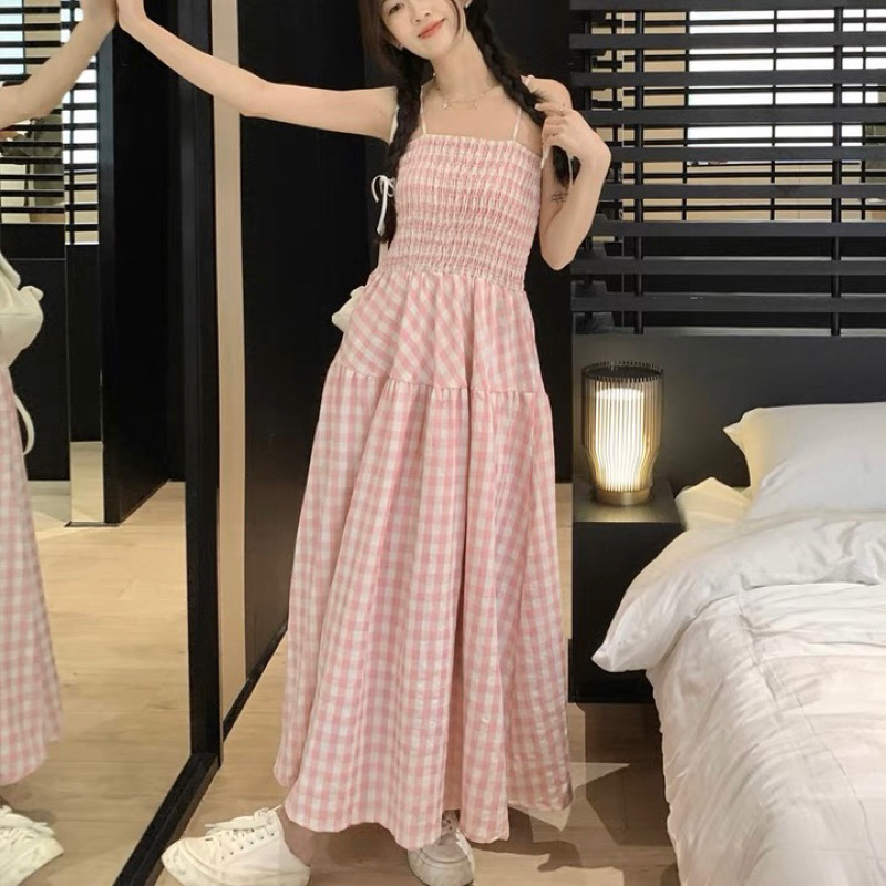 SẴN Váy maxi dáng dài màu hồng ngọt ngào tiểu thư caro trắng chiết eo chữ A dài rộng hack chân dài