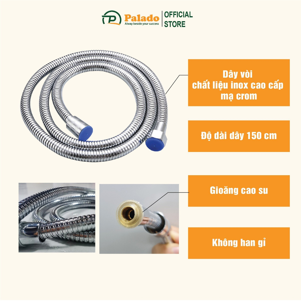 Vòi hoa sen nhà tắm PALADO PLD2211H, bát tròn, nhựa ABS cao cấp kèm dây ionx 304 và giá đỡ