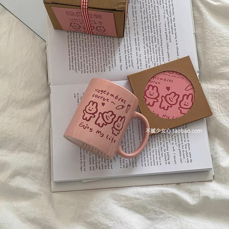 Cốc sứ màu hồng hình 3 chú thỏ cute đáng yêu Enjoy my life quà tặng giáng sinh sinh nhật năm mới