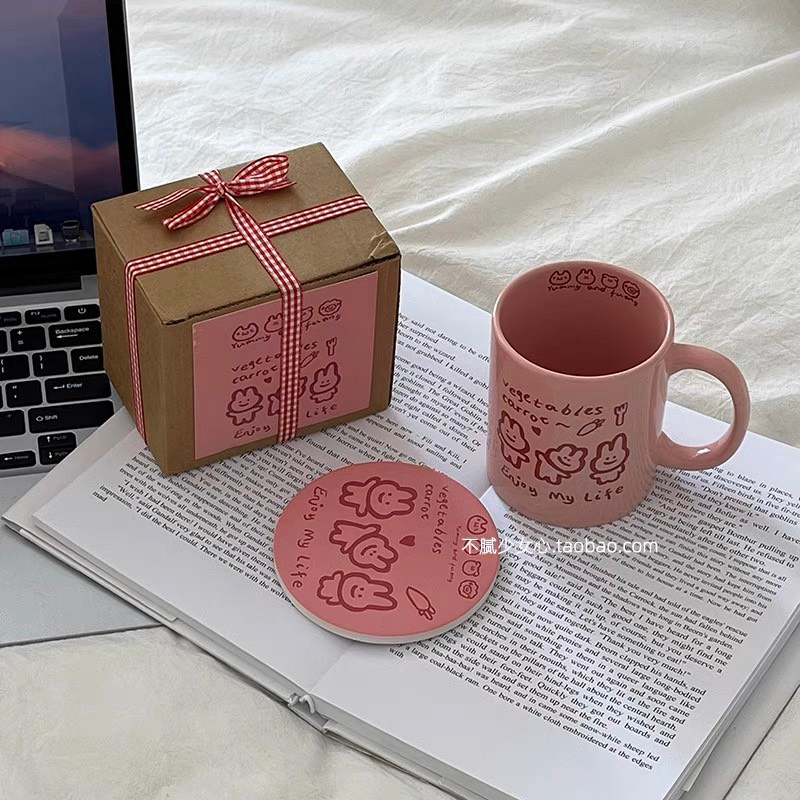 Cốc sứ màu hồng hình 3 chú thỏ cute đáng yêu Enjoy my life quà tặng giáng sinh sinh nhật năm mới