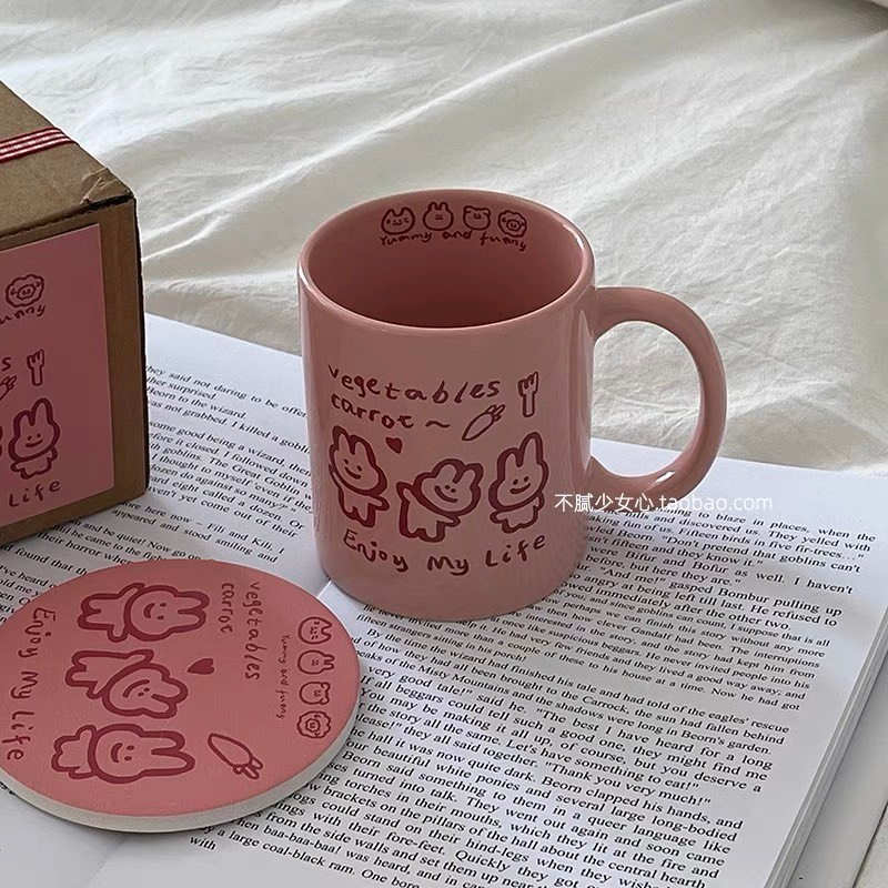 Cốc sứ màu hồng hình 3 chú thỏ cute đáng yêu Enjoy my life quà tặng giáng sinh sinh nhật năm mới
