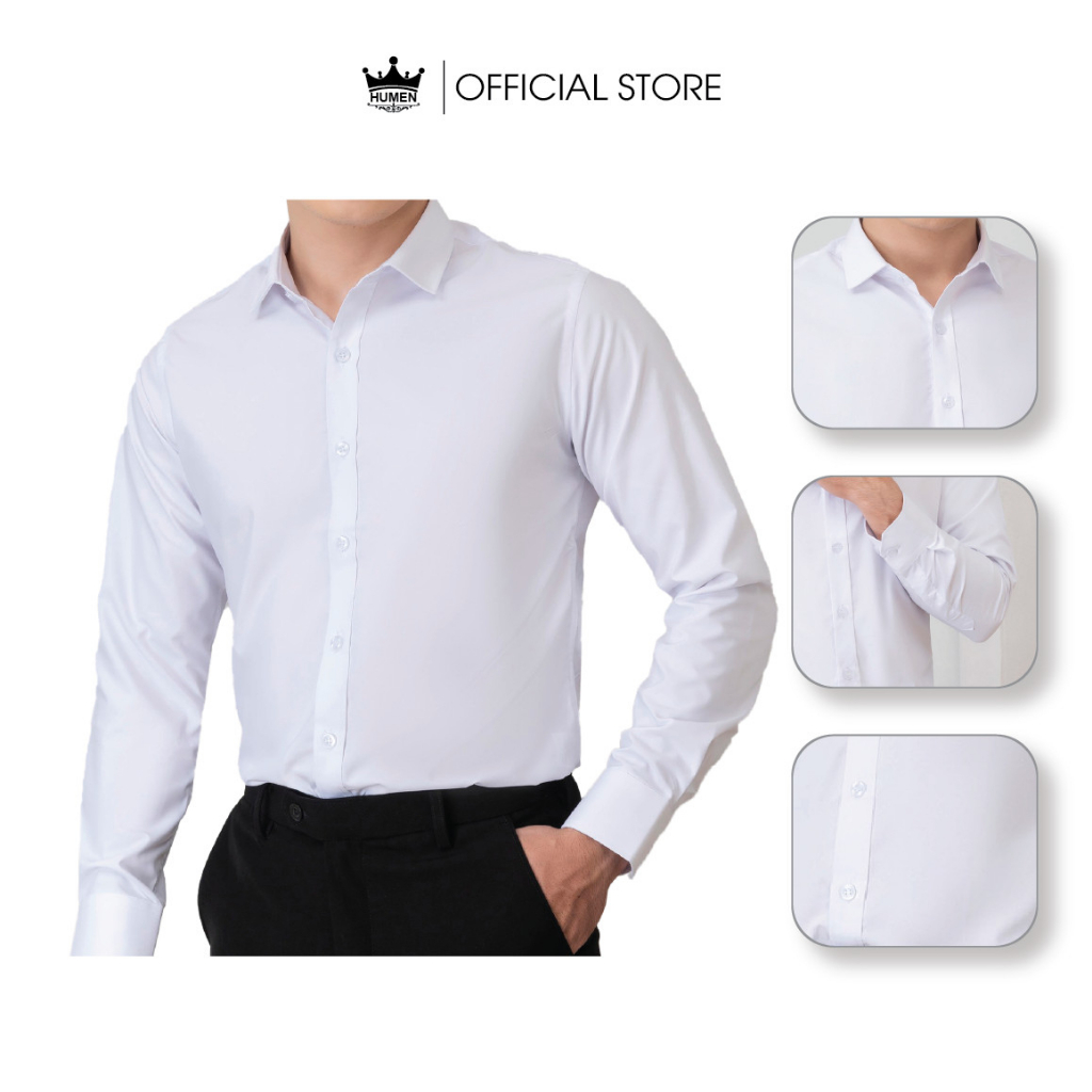 Áo sơ mi nam Humen dài tay chất liệu lụa cao cấp mềm mại thoáng khí không nhàu chống nhăn màu trắng chuẩn form slim | BigBuy360 - bigbuy360.vn