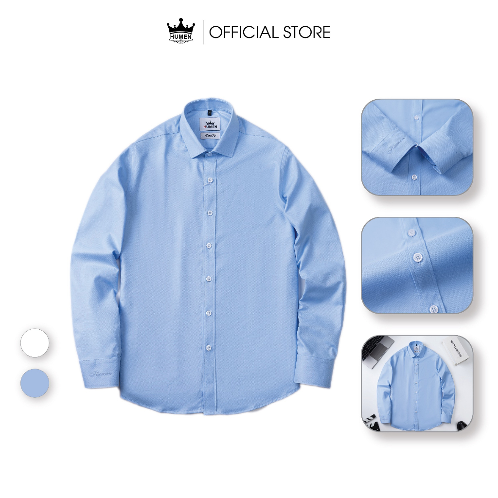 Áo sơ mi nam Humen dài tay màu trắng xanh chất vải sợi sồi mềm mại thoáng khí không nhàu chống nhăn chuẩn form slim | BigBuy360 - bigbuy360.vn