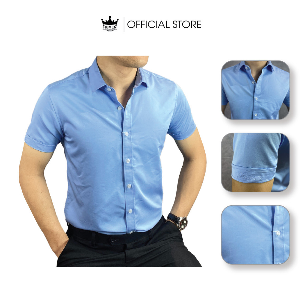 Áo sơ mi nam Humen cộc tay ngắn tay chất liệu sợi sồi mềm mại thoáng khí không nhàu chống nhăn màu xanh biển chuẩn form | BigBuy360 - bigbuy360.vn