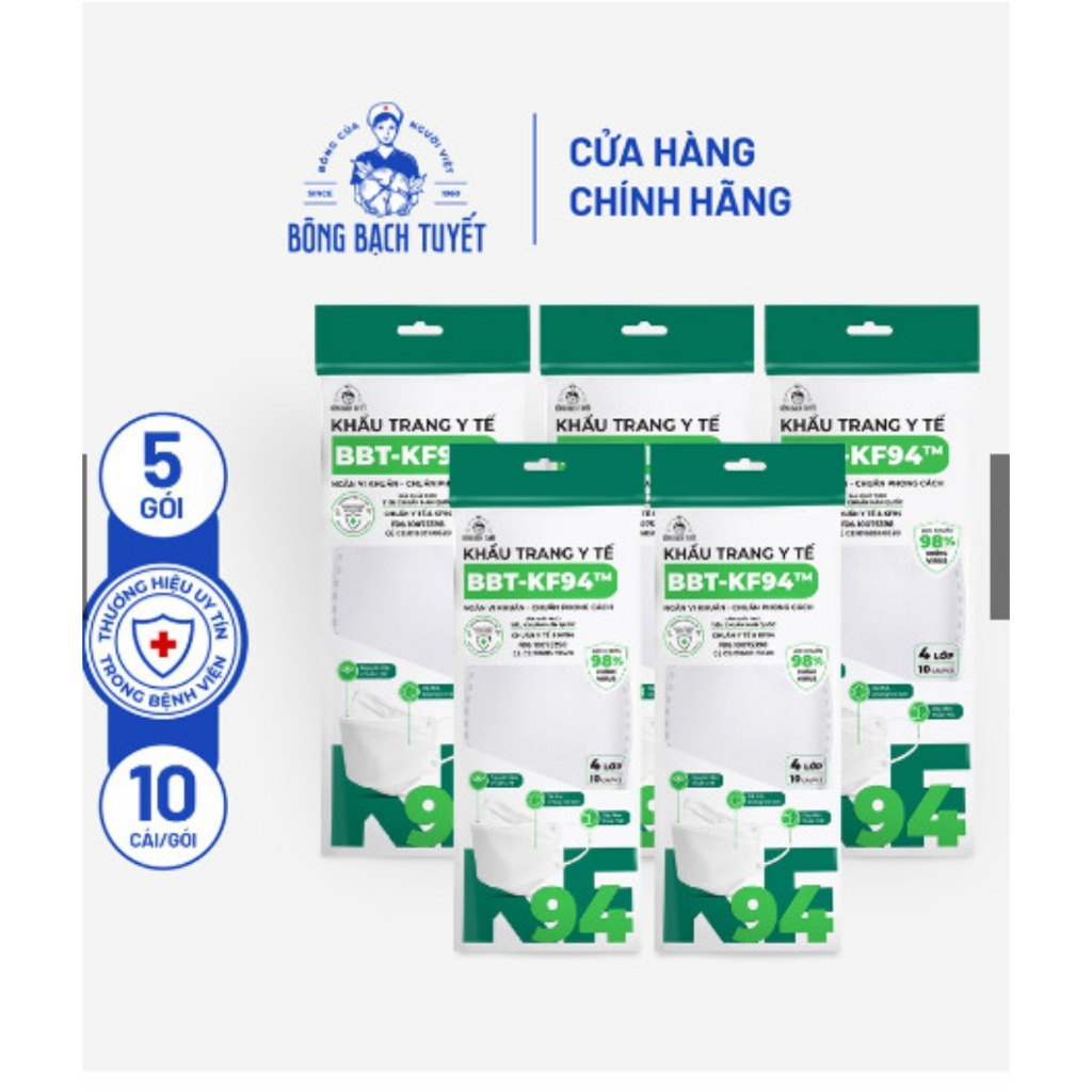 Combo 5 Gói Khẩu trang Bông Bạch Tuyết KF94 4 lớp trắng (10 cái/gói)