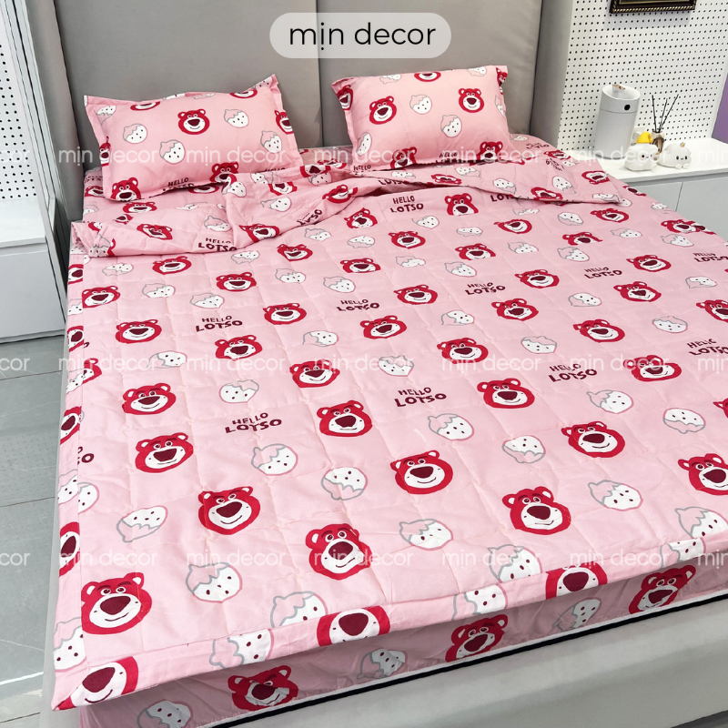 Bộ chăn ga gối cotton 3D có chăn trần bông hè mềm mịn bo chun MỊN DECOR