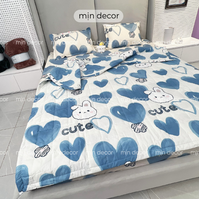 Bộ chăn ga gối cotton 3D có chăn trần bông hè mềm mịn bo chun MỊN DECOR