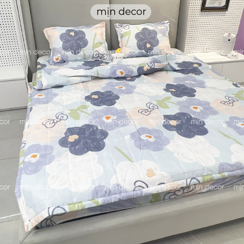 Bộ chăn ga gối cotton 3D có chăn trần bông hè mềm mịn bo chun MỊN DECOR