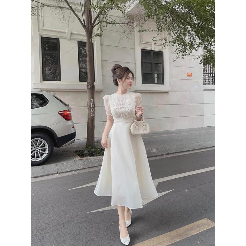 Váy dự tiệc trắng be thiên nga xếp tầng siêu xinh