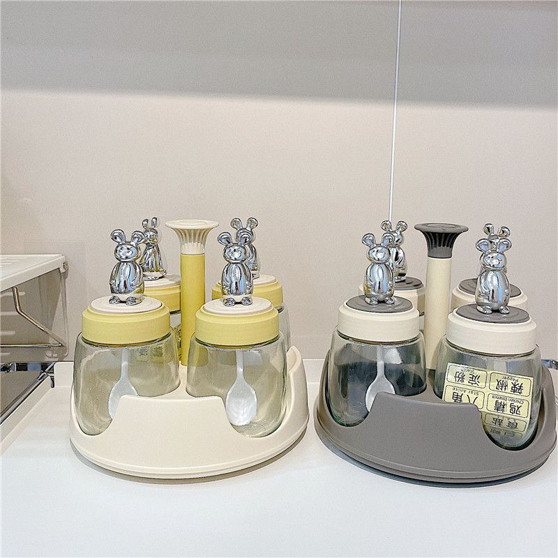 Lọ đựng gia vị thủy tinh, hũ đựng gia vị kèm kệ xoay chống ẩm tiện dụng cho gia đình HF040